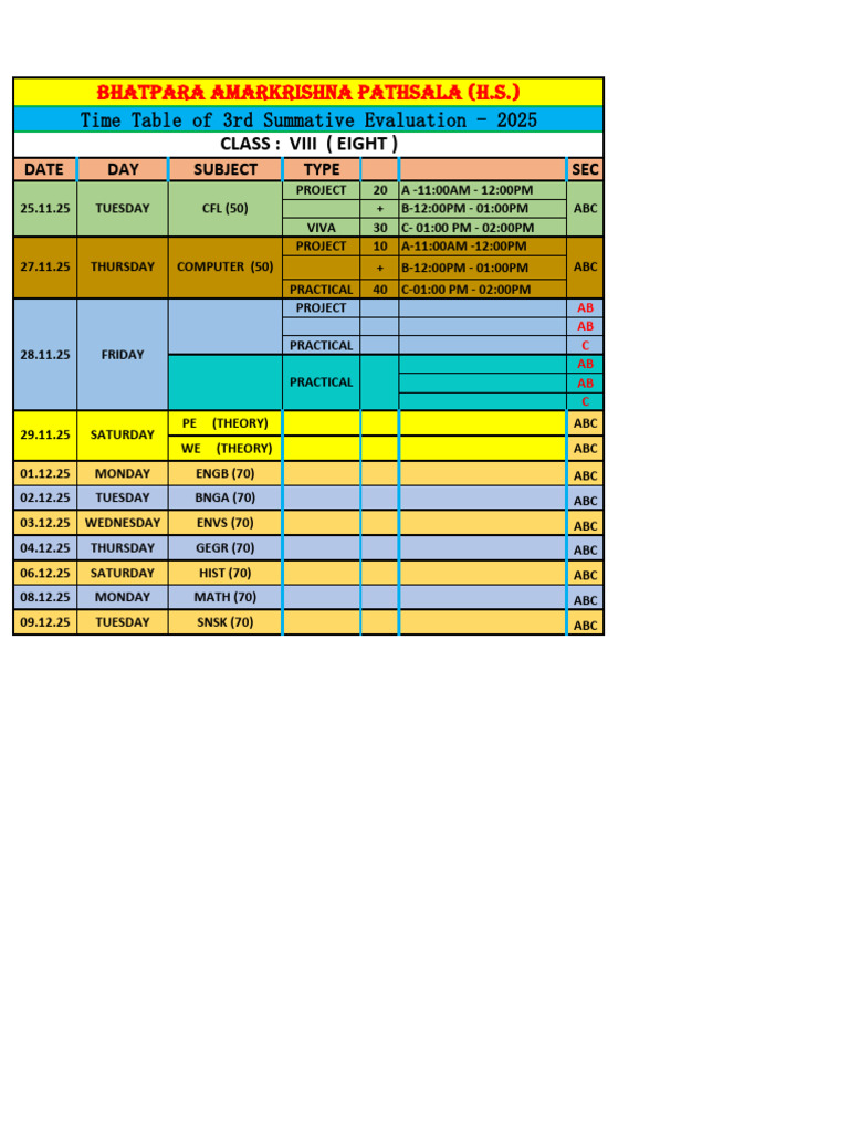 2025 Class VIII Summative Timetable | PDF