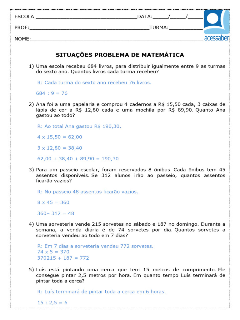 Problemas de Matemática para o 6º Ano | PDF