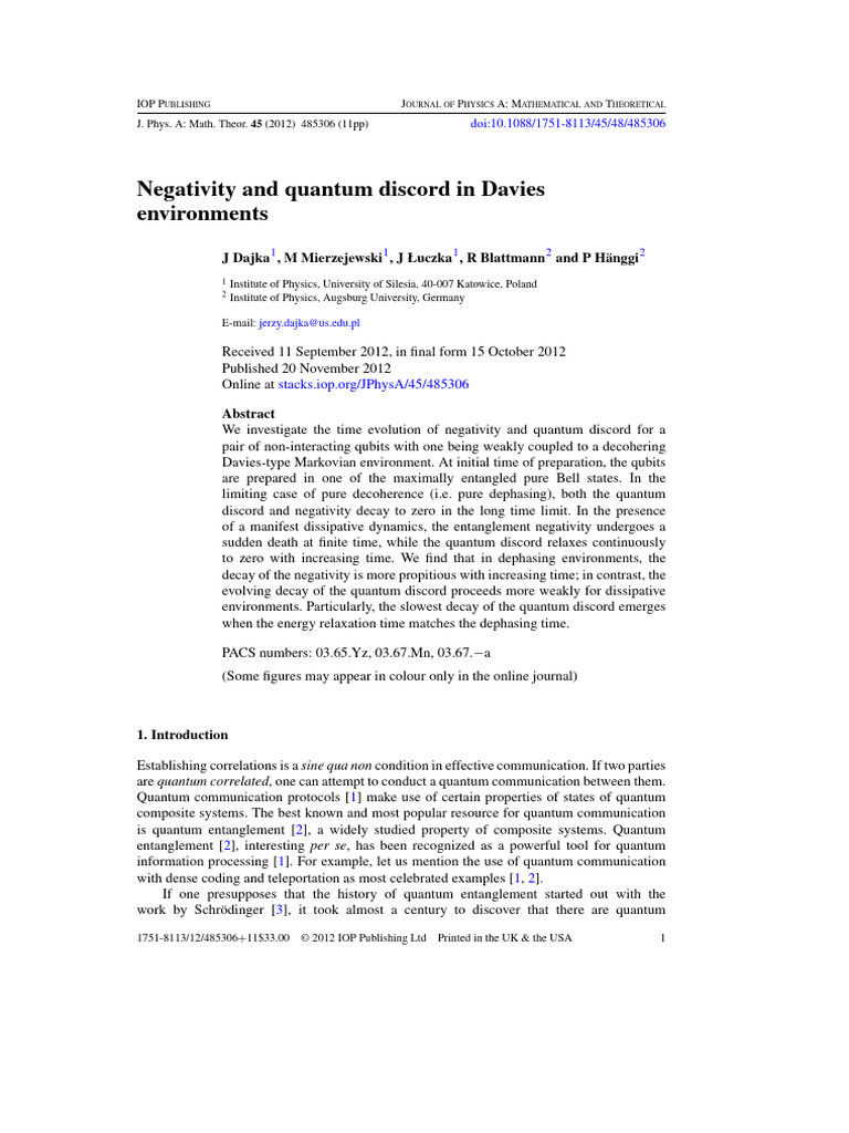 Negativity and Quantum Discord Dynamics | PDF | Quantum Entanglement ...
