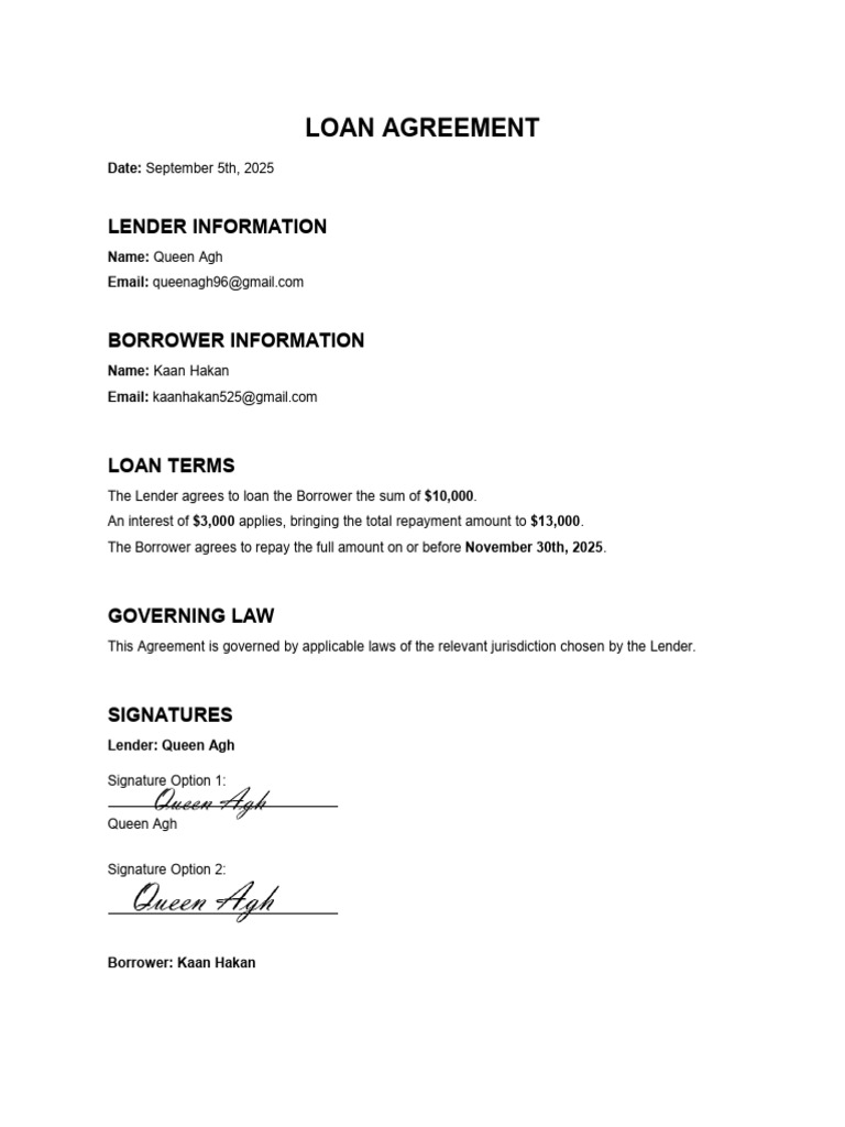Loan Agreement for $10,000 Repayment | PDF