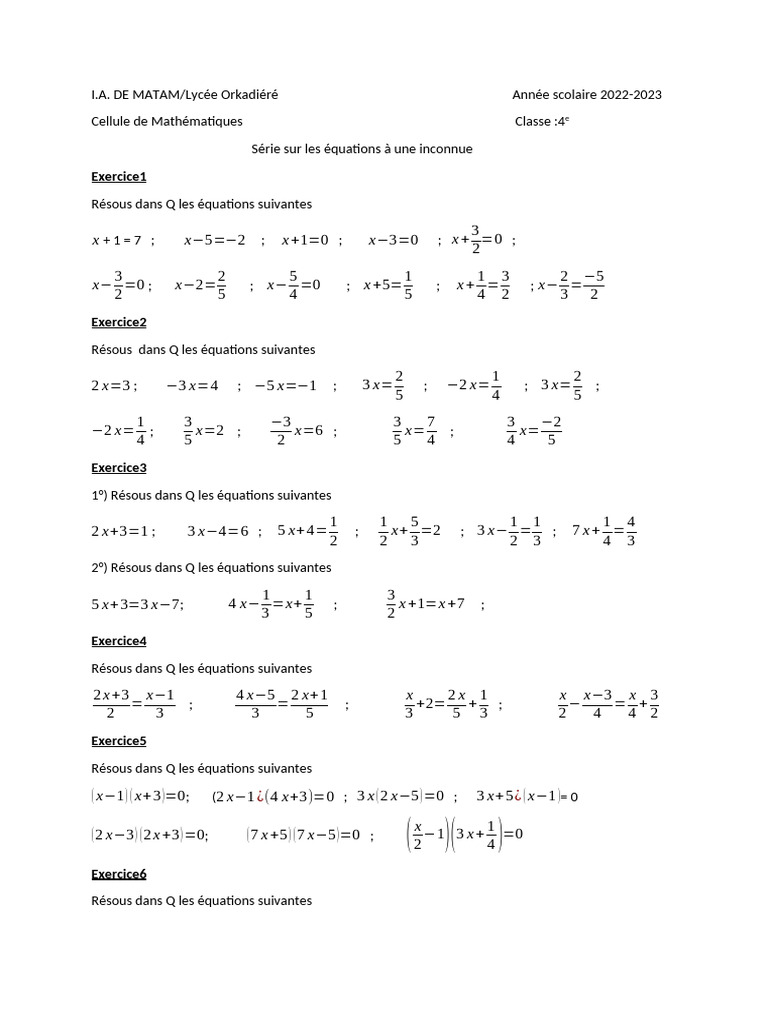 Équations à une inconnue : Exercices 4e | PDF | Mathématiques
