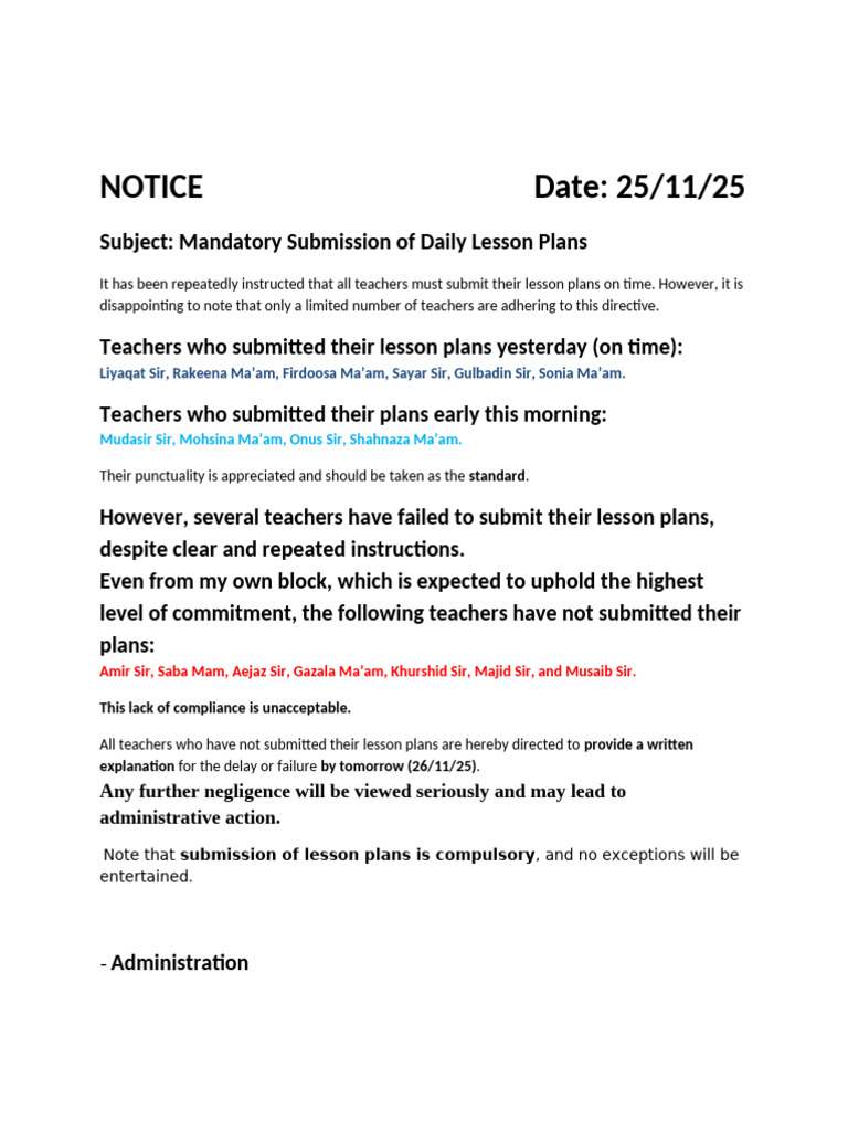 Daily Lesson Plan Submission Notice | PDF