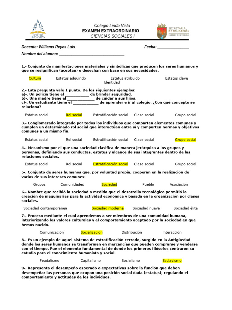 Examen Extraordinario Ciencias Sociales I | PDF | Estatus social | Sociedad