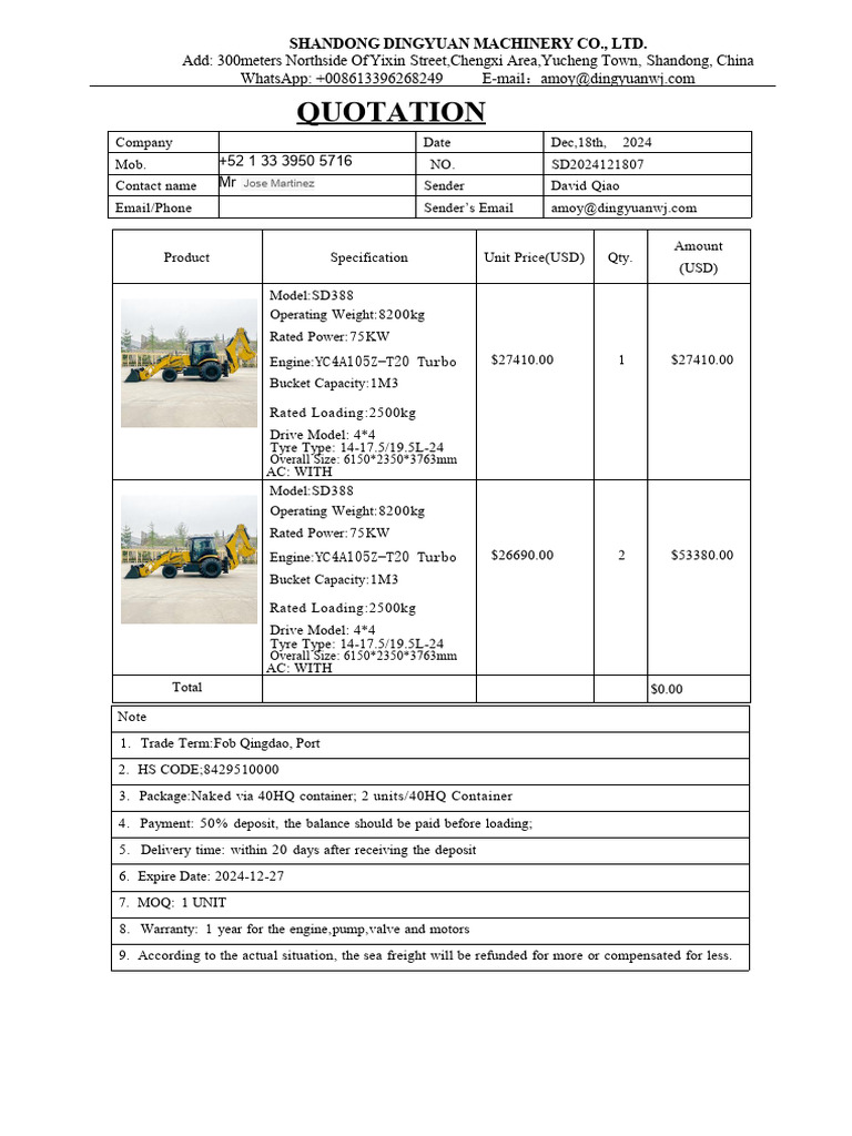 Nuevas 86 133 9626 8249 Quotation For Backhoe Loader-sd388-Shandong ...
