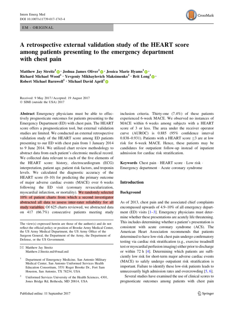 Validation of HEART Score in ED Chest Pain | PDF | Myocardial ...