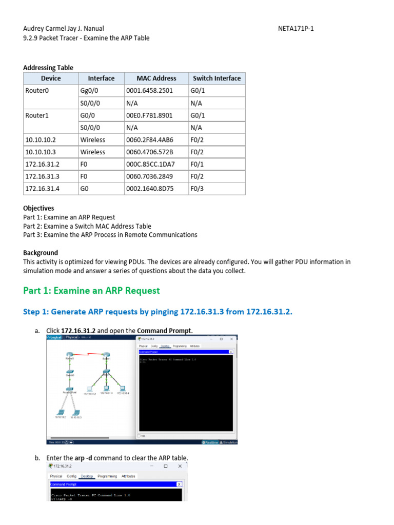 ARP Table Examination in Packet Tracer | PDF | Network Switch | Ip Address