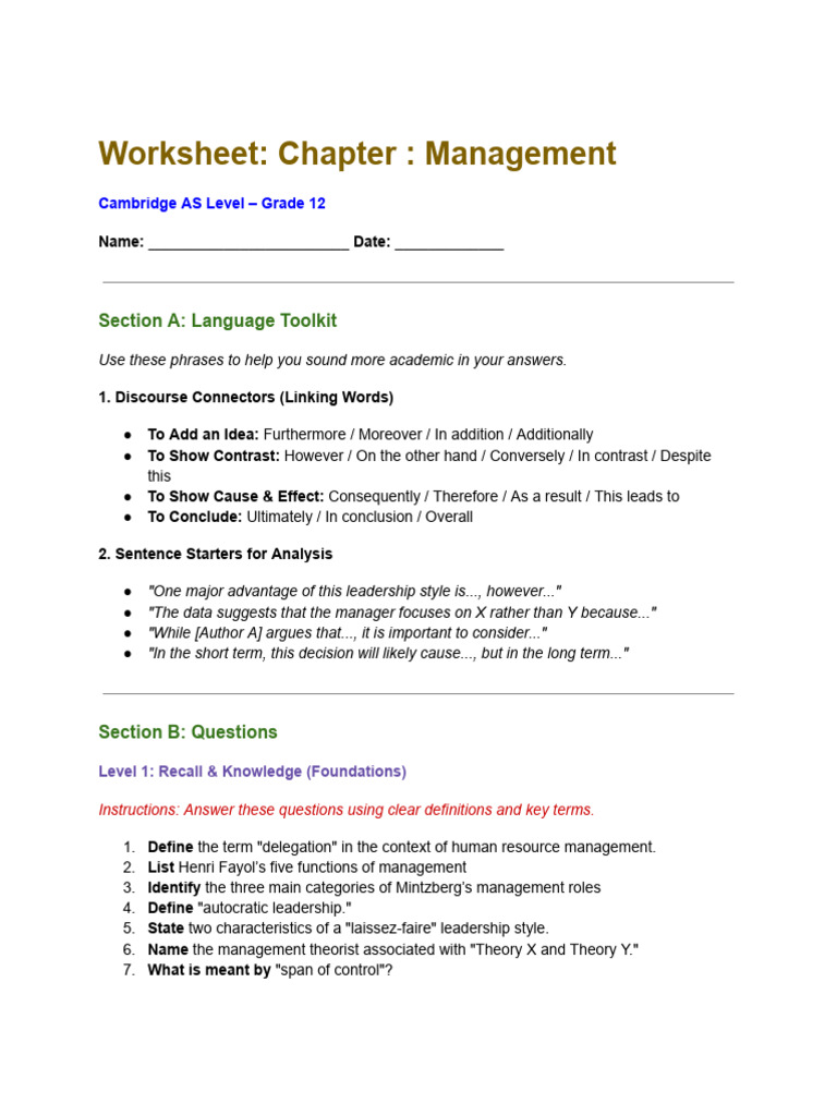 AS Level Management Worksheet Guide | PDF | Leadership | Change Management