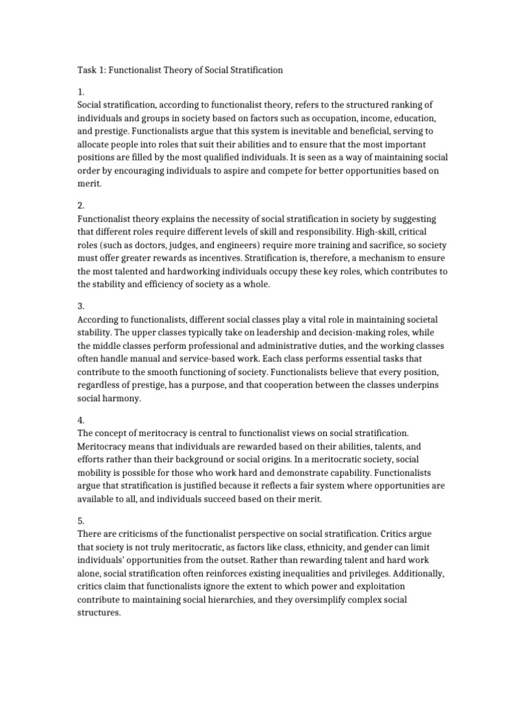 Functionalist Theory of Social Stratification | PDF | Social ...
