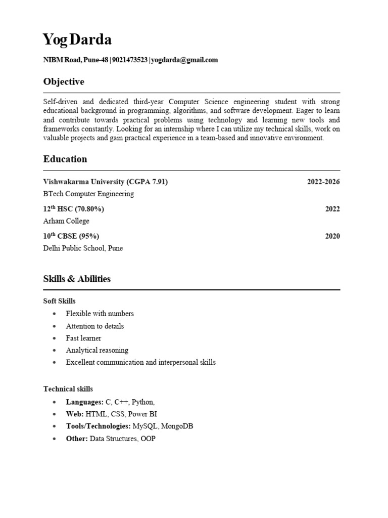Computer Science Student Resume for Internship | PDF | Authentication ...