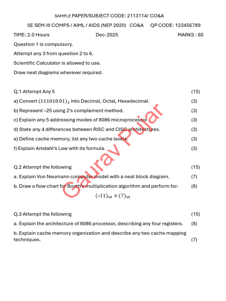 Co&a Sample Paper Sem-III Nep 2020 by GP | PDF | Cpu Cache | Central ...