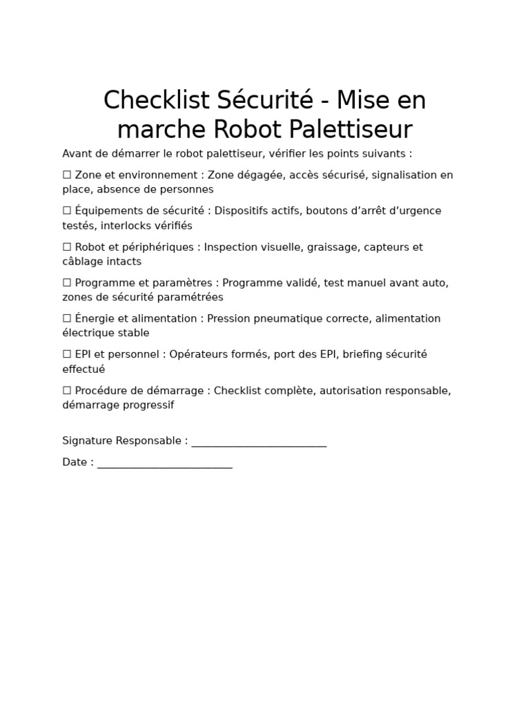 Checklist Sécurité Robot Palettiseur | PDF