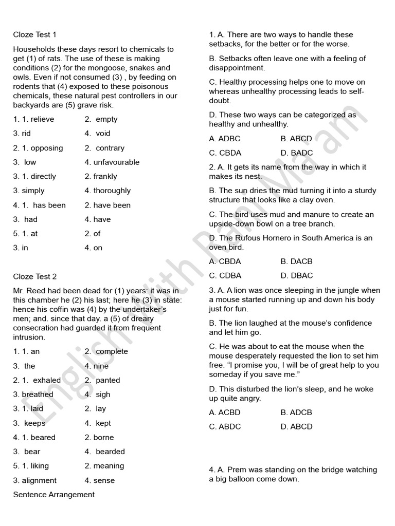 Cloze Tests and Sentence Arrangement Exercises | PDF | Psychology ...