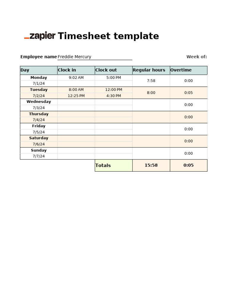 Weekly Timesheet Template for Employees | PDF