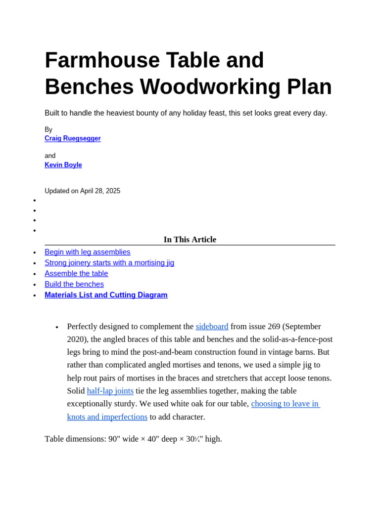 Farmhouse Table and Benches Woodworking Plan | PDF | Woodworking