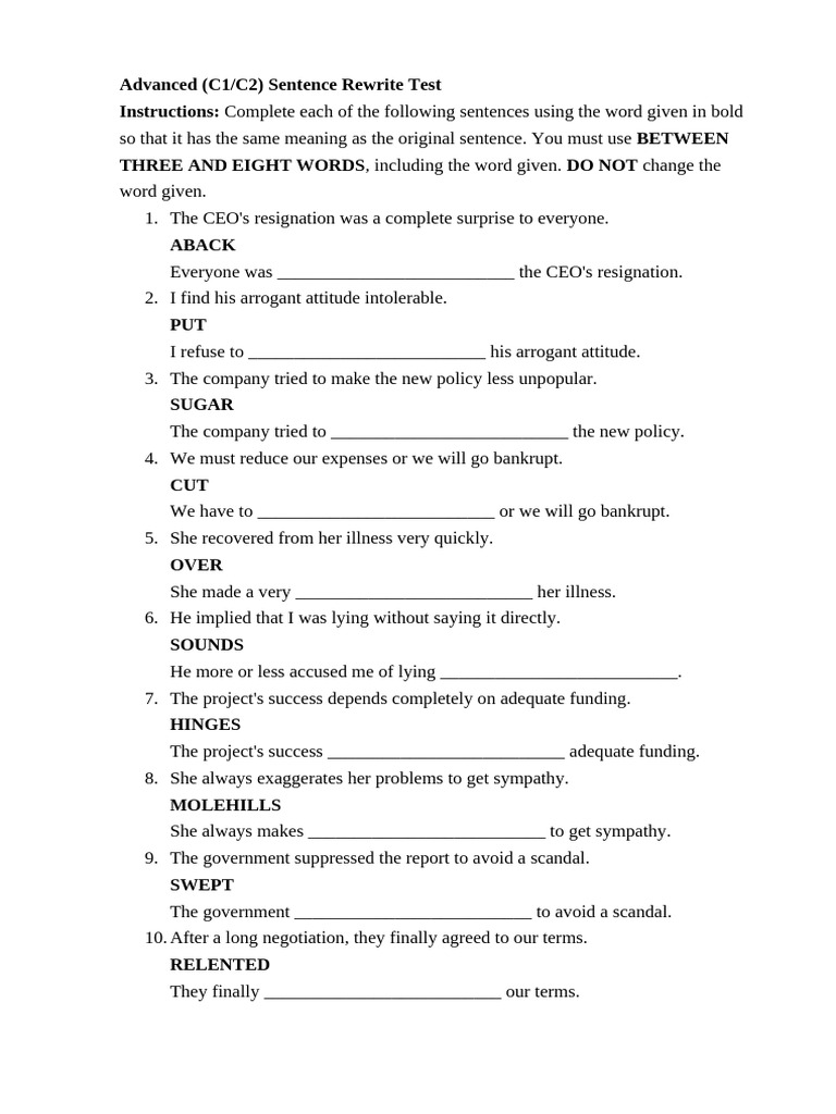 Advanced Sentence Rewrite Practice Test | PDF