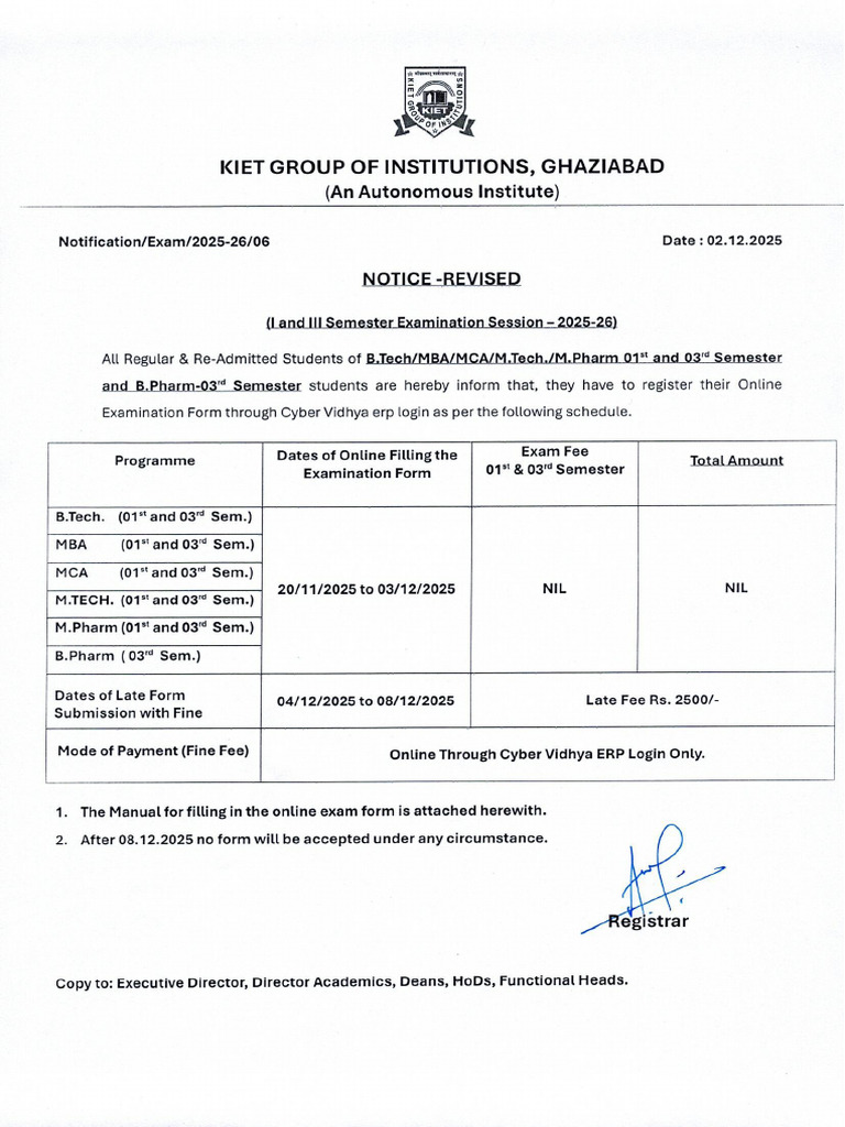 Notice - Revised For I and III Semester Examination Session - 2025-26 | PDF