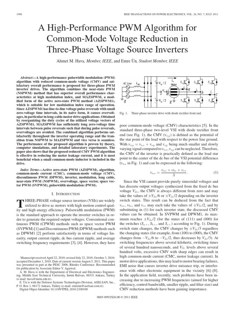 A High-Performance PWM Algorithm For Common-Mode Voltage Reduction in ...