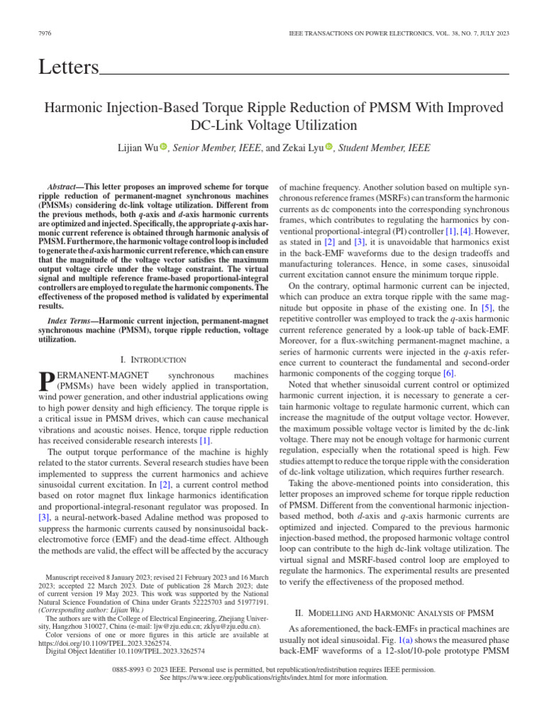 Harmonic Injection-Based Torque Ripple Reduction of PMSM With Improved ...