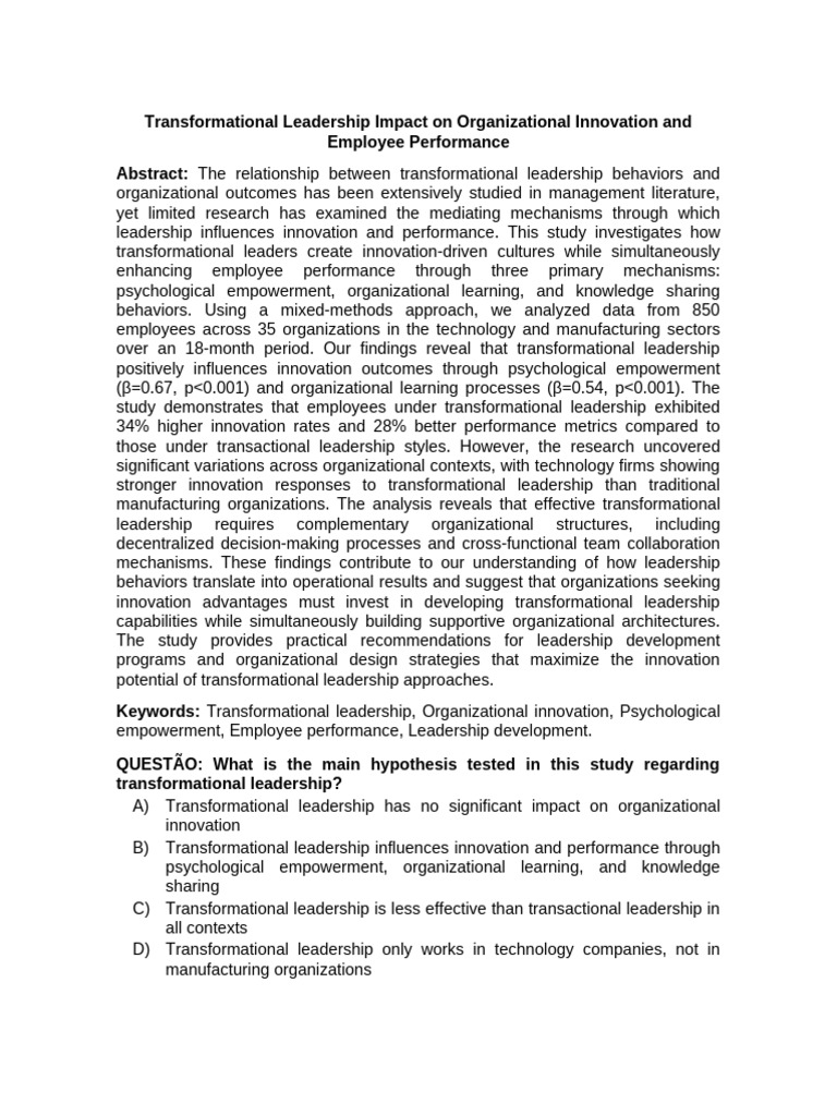 Transformational Leadership and Innovation Impact | PDF ...