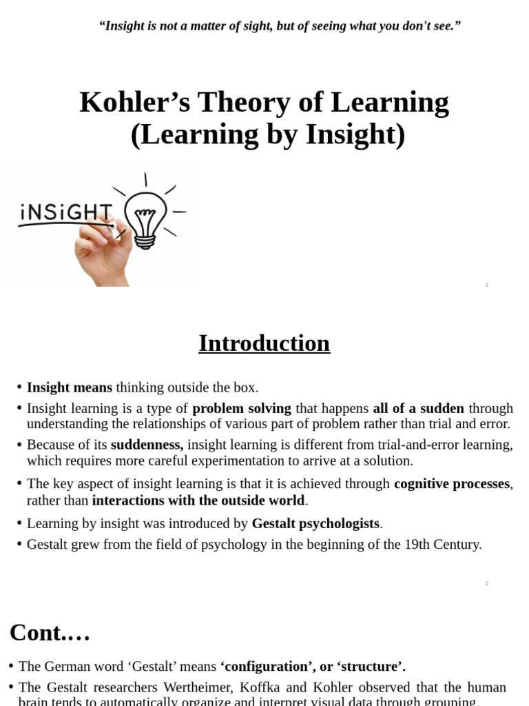 Kohler's Insight Learning Theory Explained | PDF | Insight | Learning
