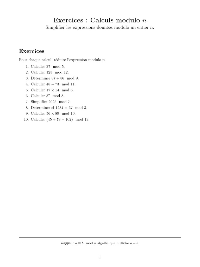 Exercices de calculs modulo n | PDF