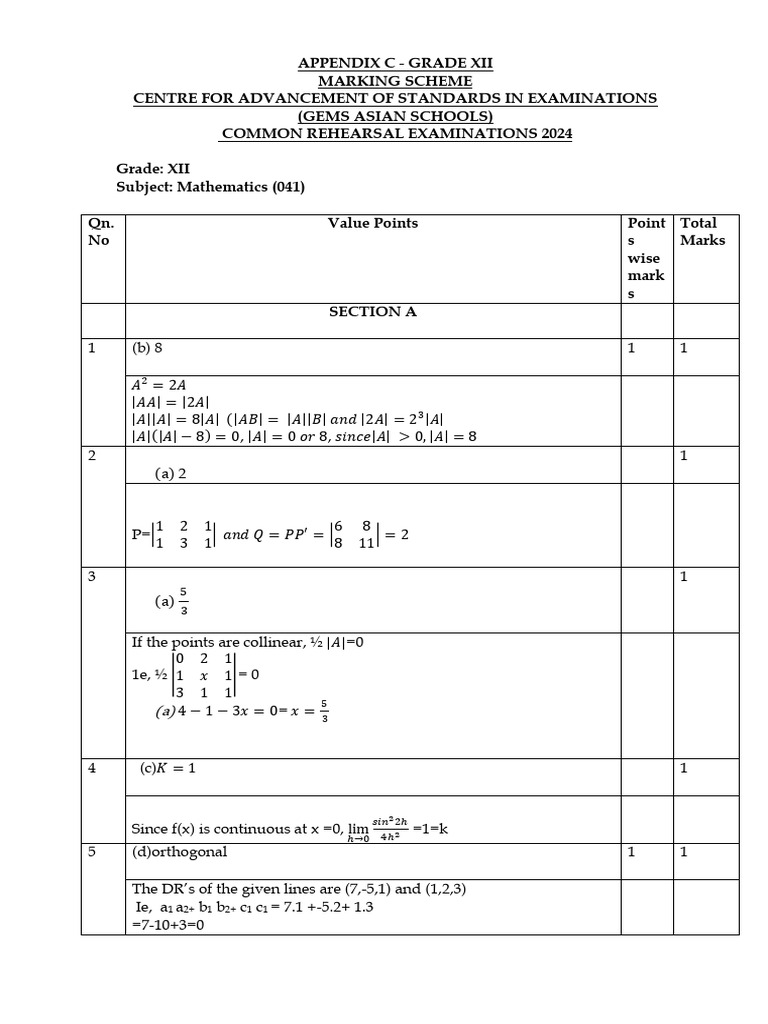 Grade XII Mathematics Marking Scheme 2024 | PDF | Applied Mathematics ...