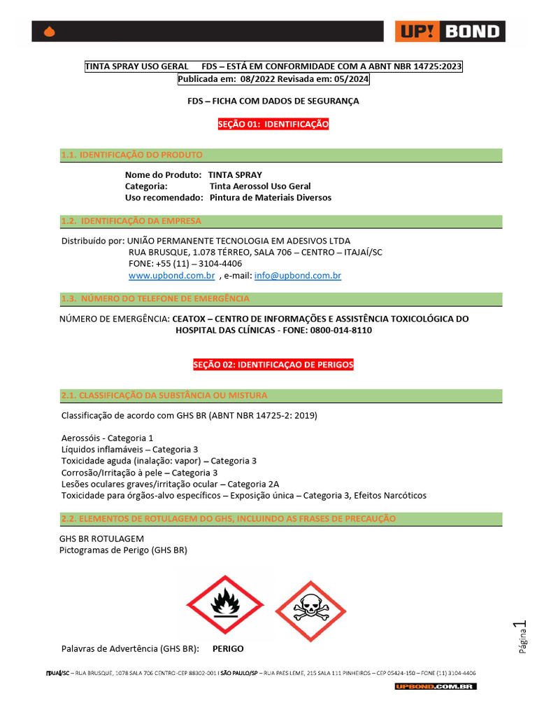 Ficha de Segurança Tinta Spray Uso Geral | PDF | Desperdício