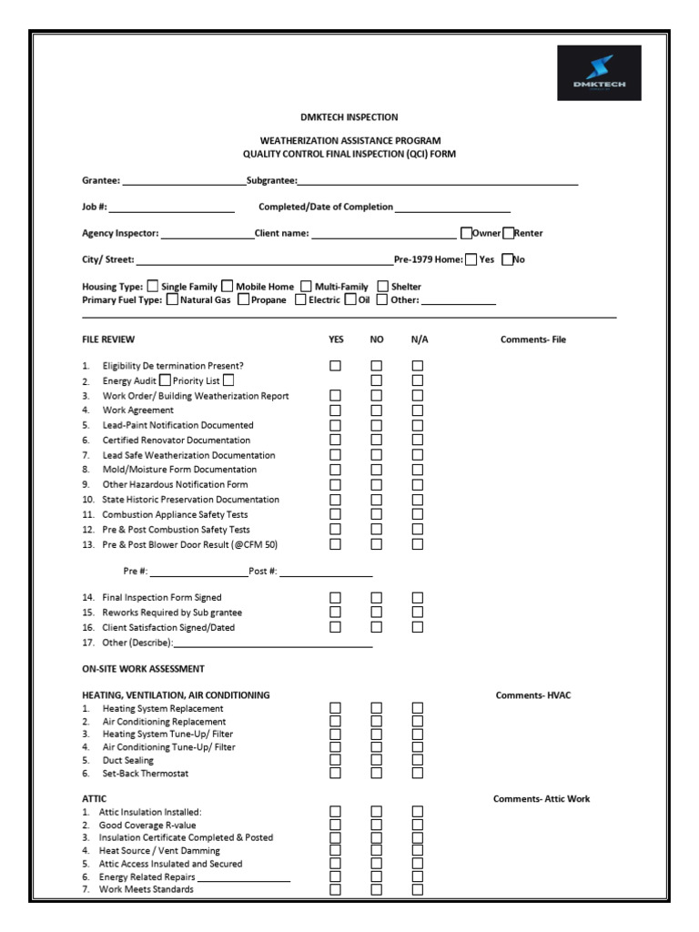 Weatherization Quality Control Inspection Form | PDF | Building ...
