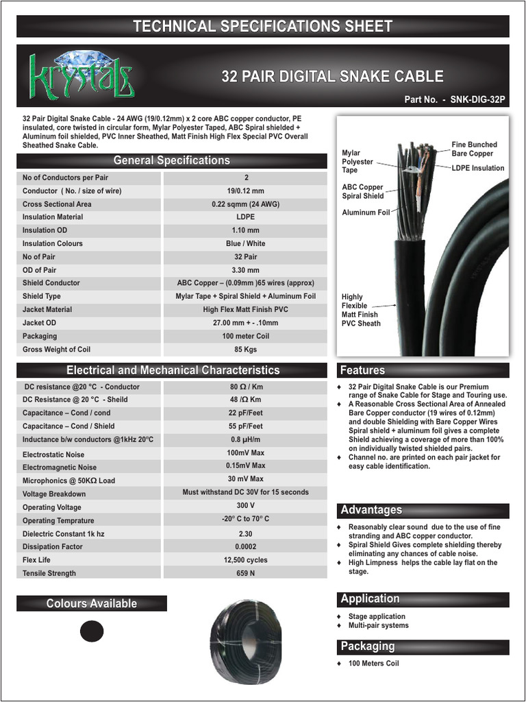 32 Pair Digital Snake Cable Specs | PDF | Electrical Conductor ...