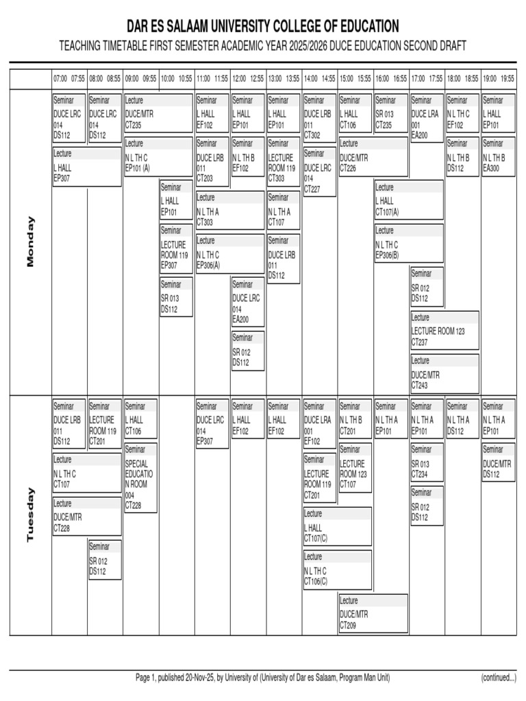 DUCE 2025/2026 First Semester Timetable | PDF