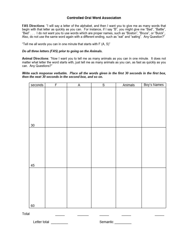 Controlled Oral Word Association Exercise | PDF