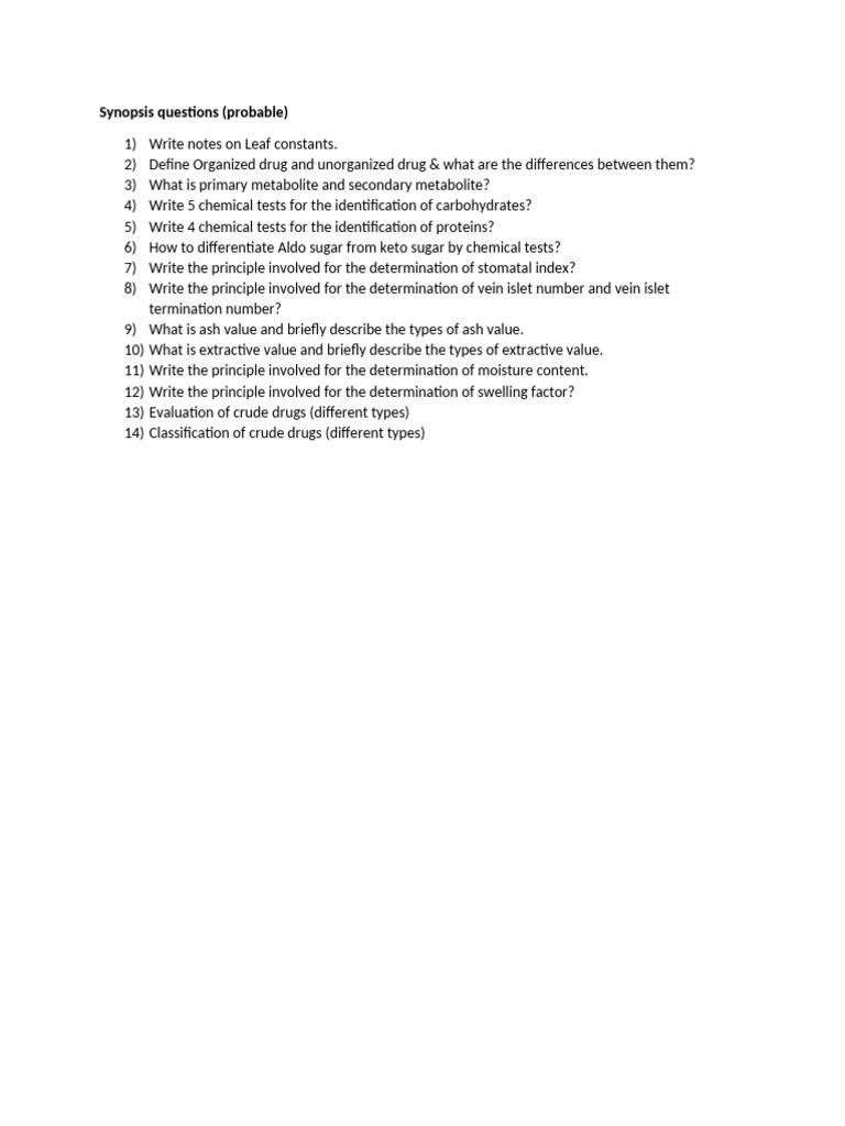 Synopsis Questions - Pharmacognosy Practical | PDF