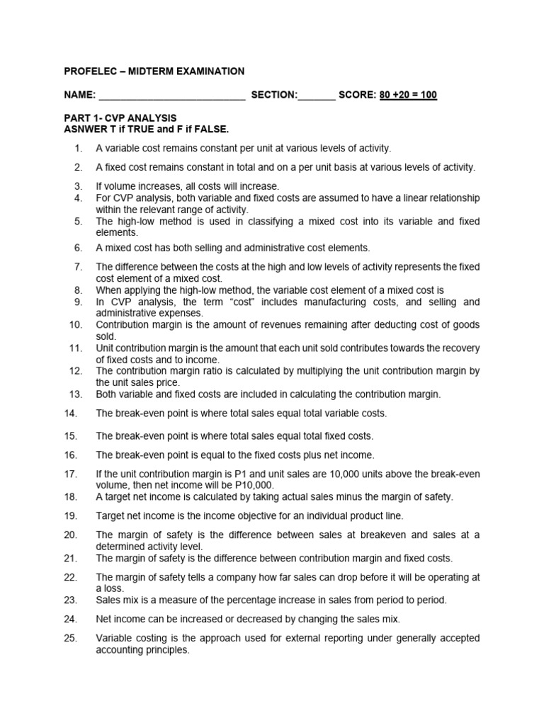 CVP Analysis Midterm Exam Questions | PDF | Gross Margin | Business ...