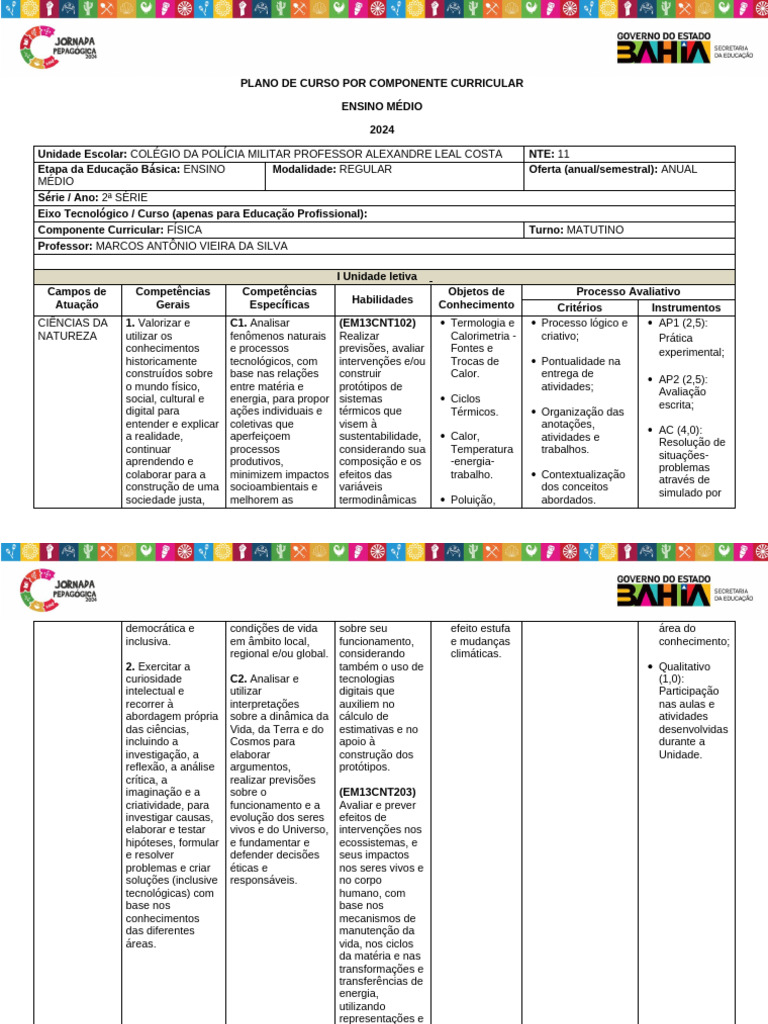 Plano de Curso de Física 2ª Série 2024 | PDF | Science | Física