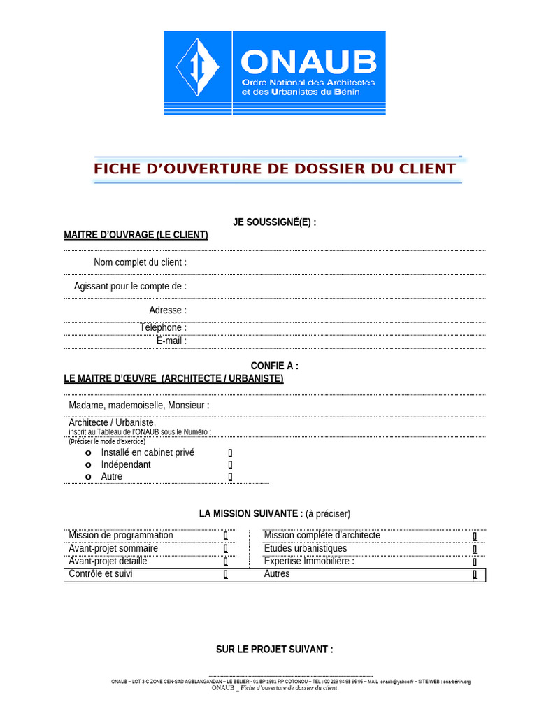 Fiche d'ouverture de dossier client ONAUB | PDF