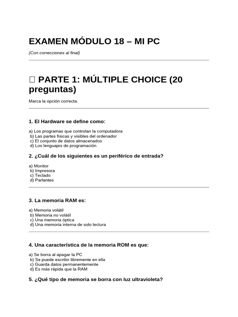 Examen Módulo 18: Hardware y Software | PDF | Almacenamiento de datos ...