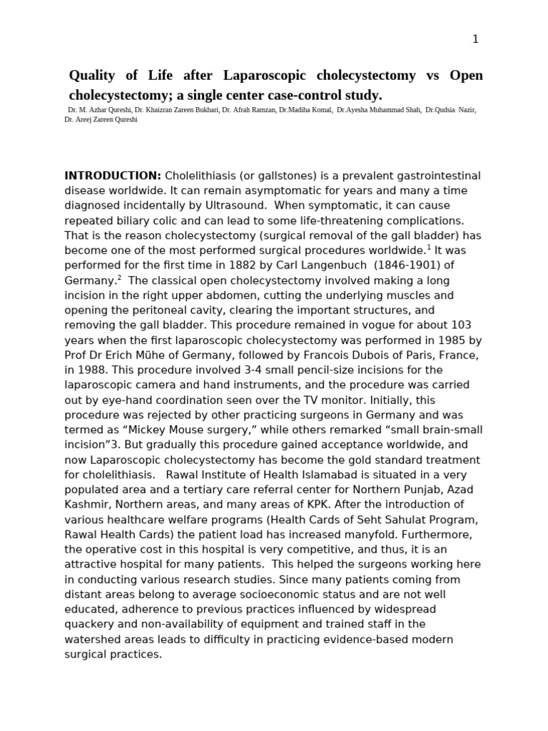 Quality of Life: Laparoscopic vs Open Cholecystectomy | PDF | Diseases ...