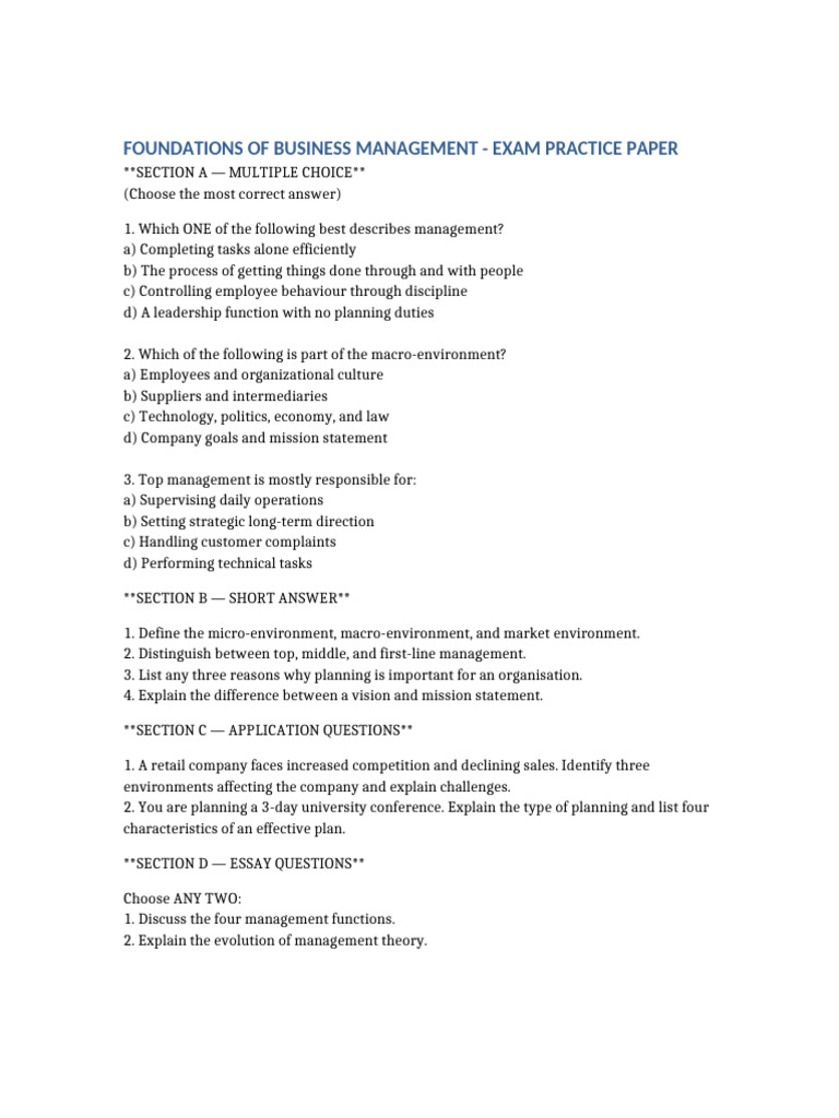 Business Management Exam Practice Paper | PDF
