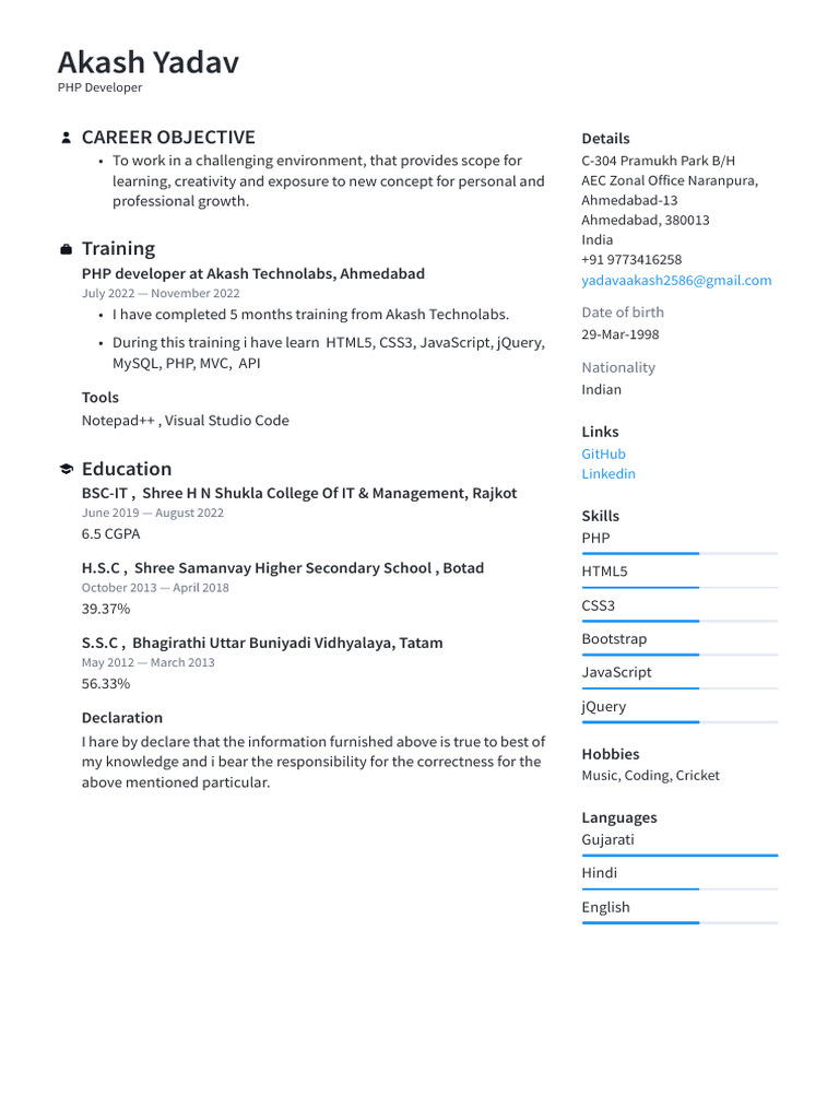 Akash Yadav PHP Developer Fresher Resume | PDF | Computing | Software ...