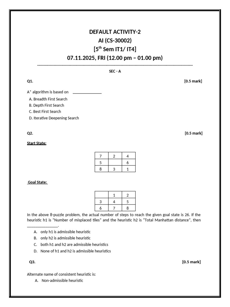 A* Algorithm and Heuristics Quiz | PDF | Theoretical Computer Science ...