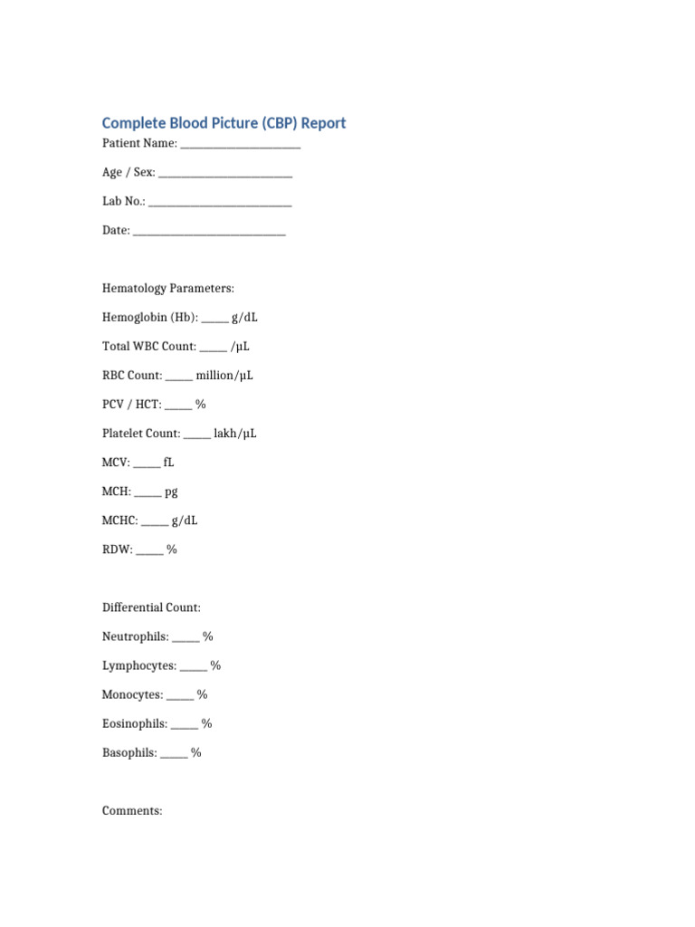 Complete Blood Picture (CBP) Report Template | PDF