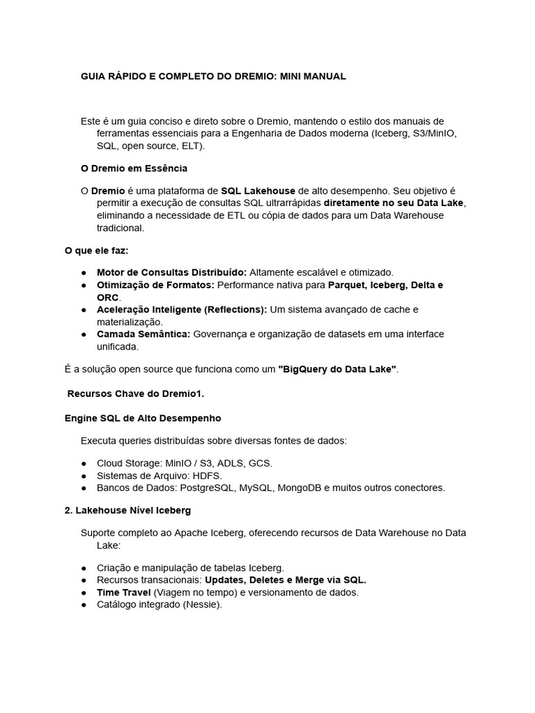 GUIA RÁPIDO E COMPLETO DO DREMIO_ MINI MANUAL | PDF | SQL | Software de ...