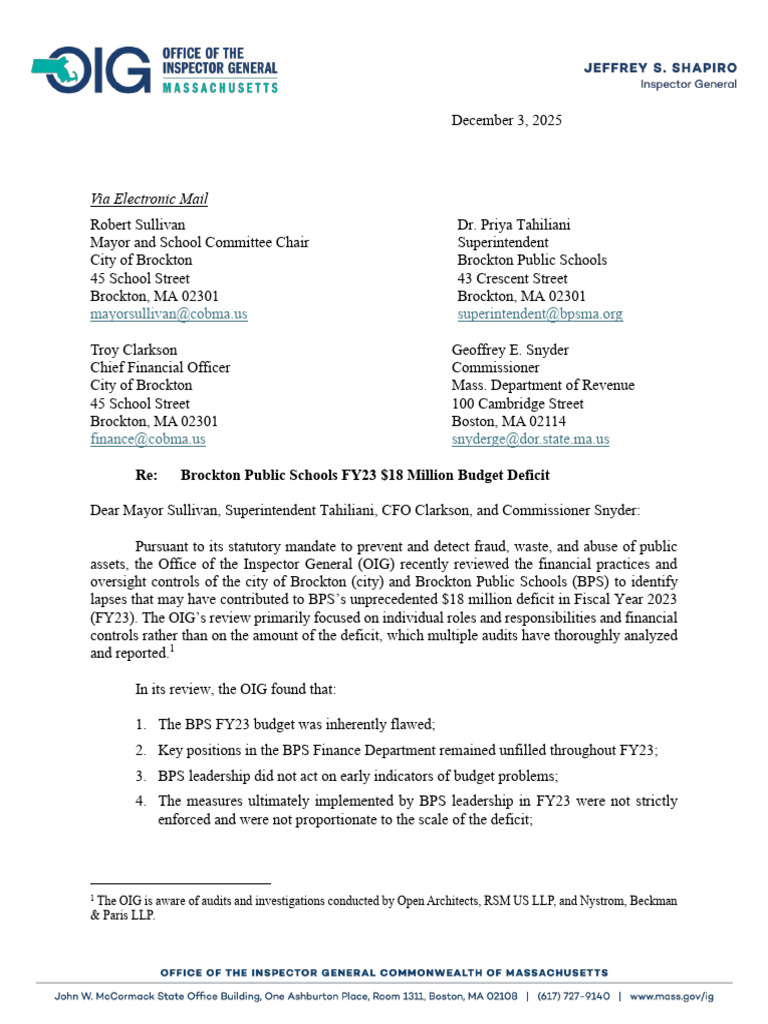 OIG's Letter Brockton Public Schools FY23 $18 Million Budget Deficit ...