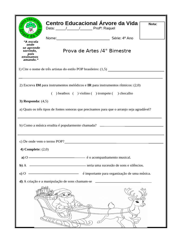 Prova de Artes 4º Ano - Bimestre 4 | PDF
