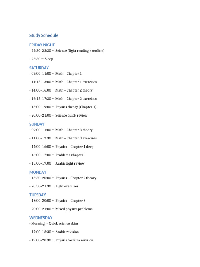 Weekly Study Schedule for Science & Math | PDF