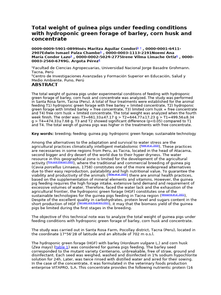 Total weight of guinea pigs under feeding conditions with hydroponic ... - Guinea Pigs And Barley Germ