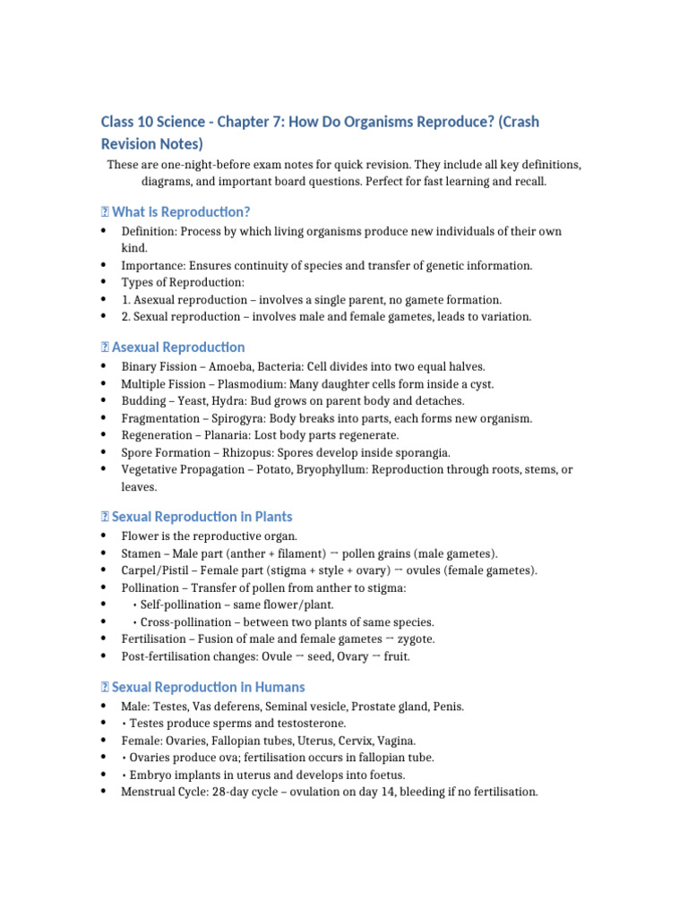 Class 10 Science: Organism Reproduction Notes | PDF | Human ...