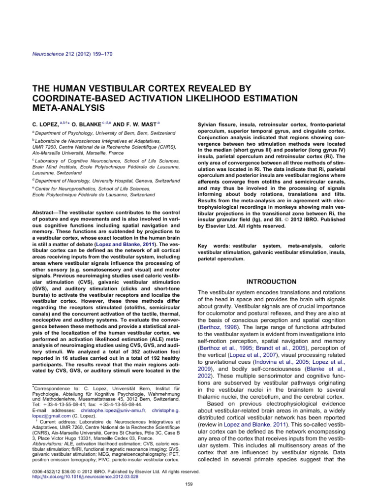 Human Vestibular Cortex Meta-Analysis | PDF | Vestibular System ...