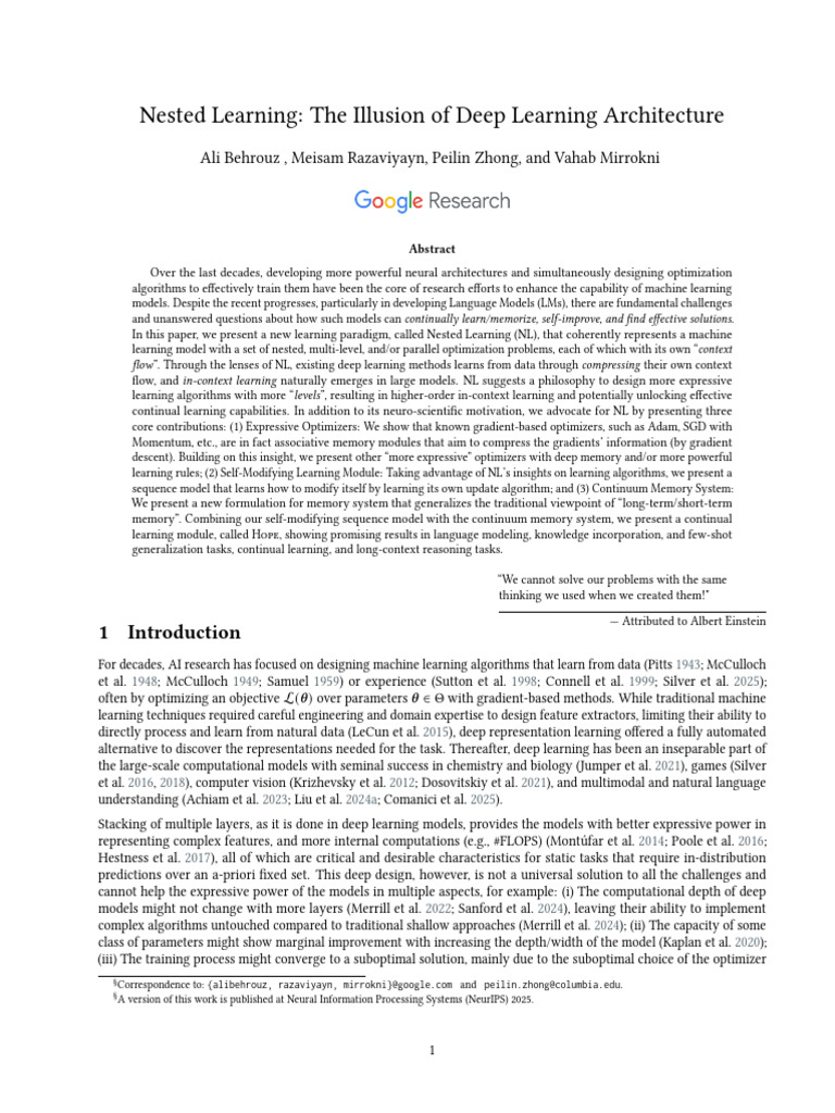 Nested Learning: The Illusion of Deep Learning Architecture | PDF ...