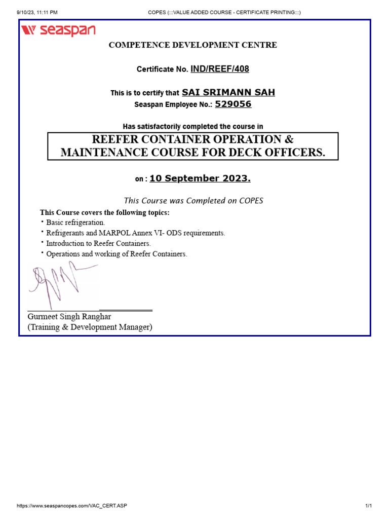 Reefer Container Course Certificate | PDF